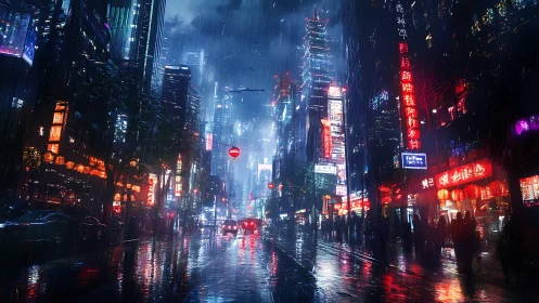 Neon storm over midnight avenue in rain-soaked megacity.