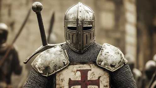 Tempered crusader in full plate and chain mail harnessed stance.