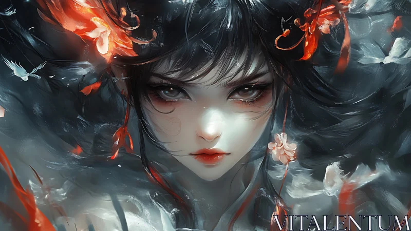 Enigmatic spirit girl emerges from swirling petals and flame.