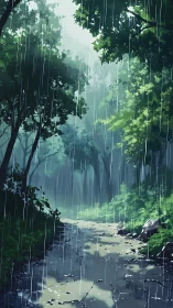 Rainstorm Over Forest Ravine With Water Stream.