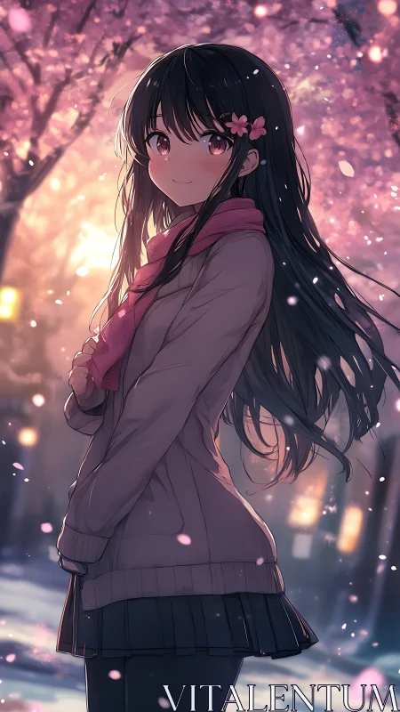 Anime girl under illuminated sakura canopy in shallow depth portrait