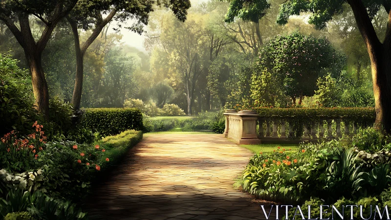 Sunlit garden promenade with stone balustrade and flowers.
