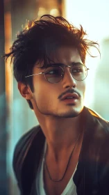 Sunlit urban dreamer in glasses caught between light and shadow.