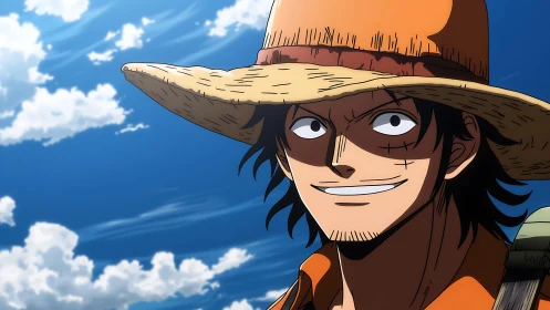 Straw hat character in profile under clear daytime sky.