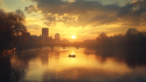 Golden hour river panorama with silhouetted bridge and rowboat