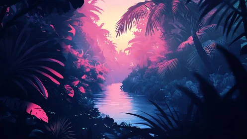 Neon Jungle Waterway. Tropical Paradise. Pink Sky