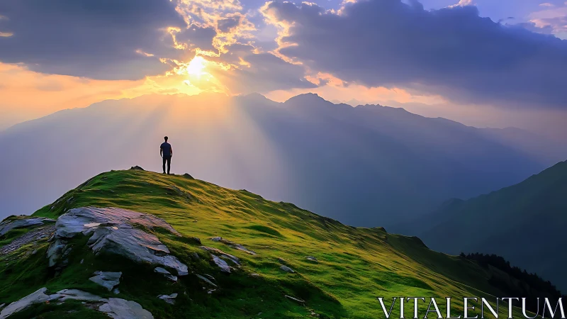 Lone dreamer crowned by sunrise above emerald ridgeline.