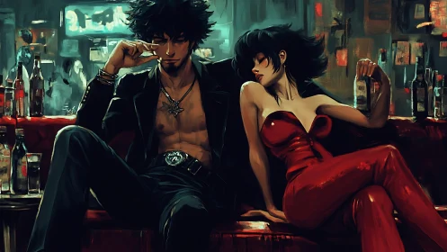 Neo-noir lounge couple in saturated red-black palette, bottles