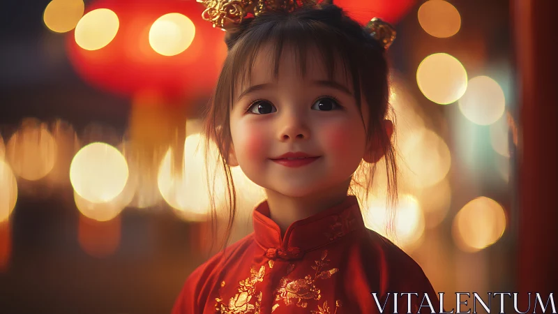 Child in red ceremonial garment with bokeh backdrop and warm cinematic lighting