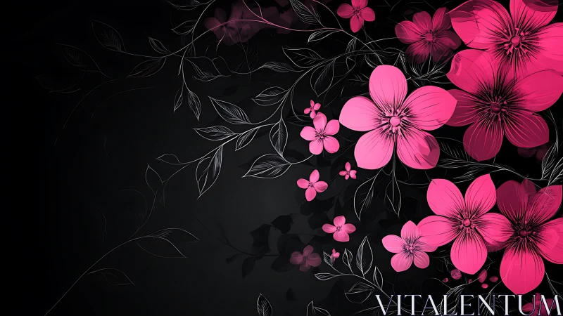 High-Contrast Floral Illustration: Pink Blooms on Black Background