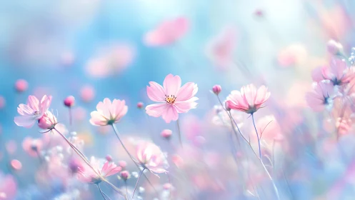 Pink Cosmos Petals Dance Through Soft Blue Dreamscape