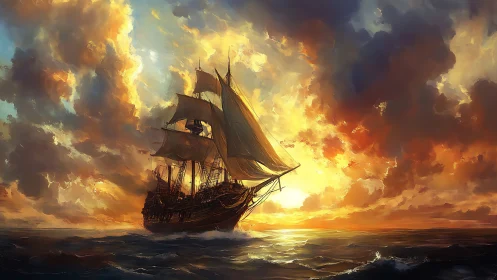 Sunlit galleon under burning sunset sky at sea.