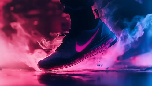 Neon running shoe glows boldly in swirling pink smoke