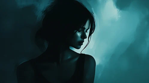 Low‑key teal portrait of reflective woman in side profile.