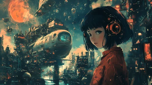 Young figure in headphones amid dense cyberpunk cityscape.