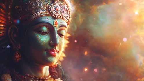 Serene divine figure in ornate crown against glowing nebula.