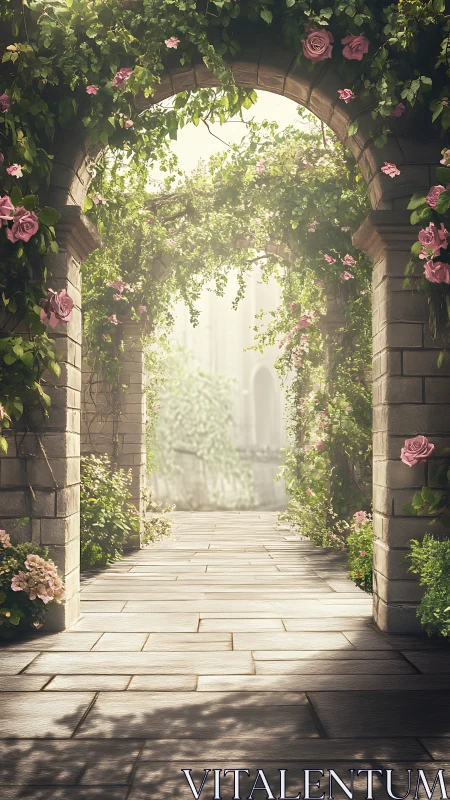 Sunlit rose arcade leading toward a dreamy hidden garden.
