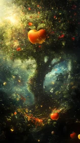 Enchanted apple tree glowing in mystical forest light.