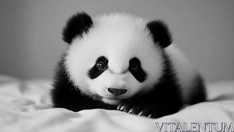 Soft-focus baby panda daydreaming on cloud-white sheets.