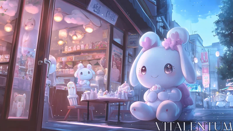 Digital street scene depicts oversized rabbit mascot figure