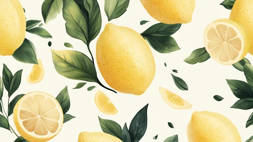 Lemon fruits and sliced segments with green foliage pattern.