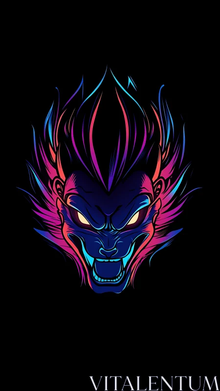 Neon demon face glowing with fierce electric energy.