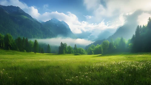Sunlit valley meadow dreaming beneath misty mountain crowns.