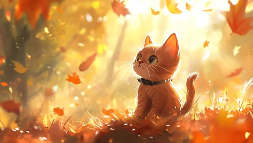 Digital illustration of an orange cat surrounded by autumn foliage and atmospheric lighting.