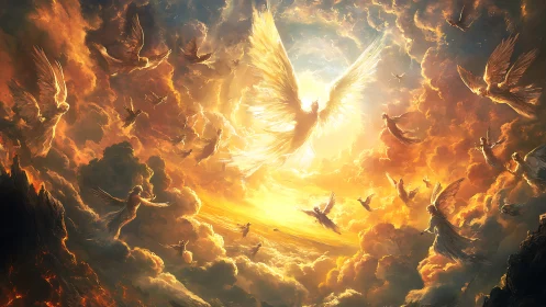 Winged angelic figures radiate light within dense golden clouds