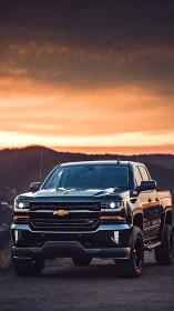 Black pickup truck on mountain road at vivid sunset.