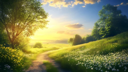 Sunlit country path curves through tranquil flowering meadow