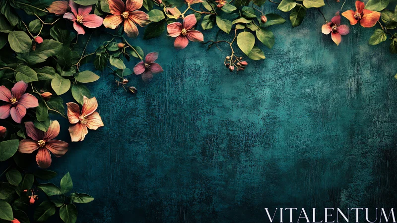 Coral Blooms Waltz Against Teal Velvet Canvas