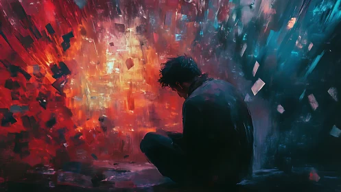 Solitary figure amid abstract red blue emotional explosion