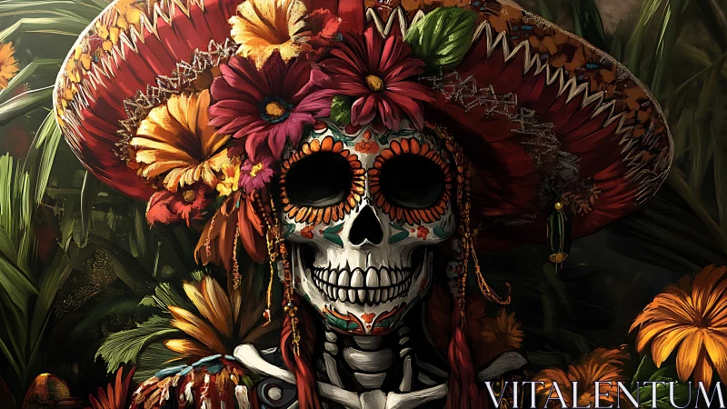 Day of the Dead skeleton glows beneath lush floral hat.
