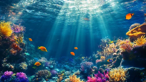 Sunlit coral reef ecosystem with vibrant tropical fish schooling