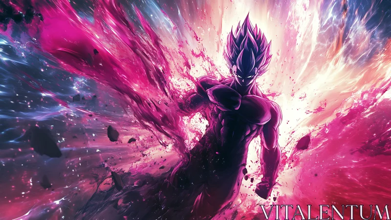 Cosmic warrior bursting through a storm of neon power.