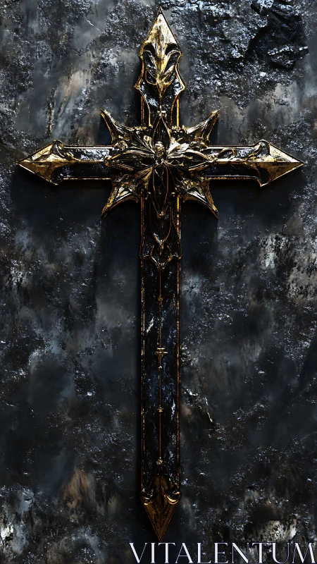 Gilded gothic cruciform relief with ornate baroque filigree detailing