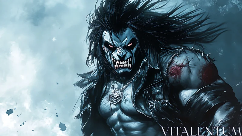 Savage void raider snarls through stormlit blue chaos.