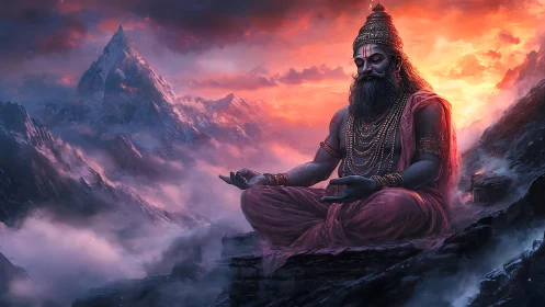Bearded robed figure meditates on rocky peak at sunrise