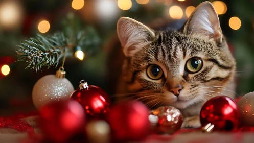 Curious Christmas kitten nestled among sparkling ornaments.