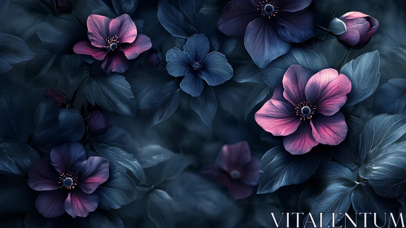 Digital floral arrangement with pink petals against dark foliage.