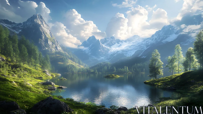 Mountain lake reflects snow peaks under scattered cloud cover