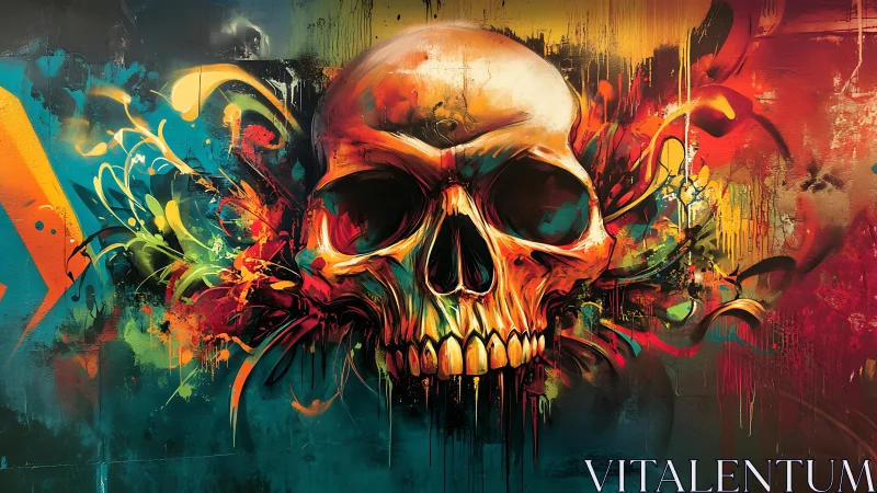Color-drenched skull graffiti bursting with wild energy.