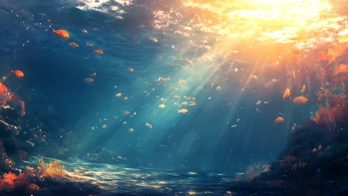 Sunlit coral ballroom where tiny golden fishes wander slowly.