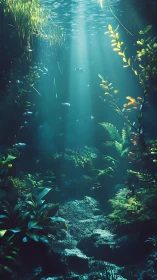 Sunlit underwater garden filled with quiet, leafy magic.