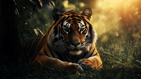 Majestic tiger rests in glowing forest dusk light peacefully.