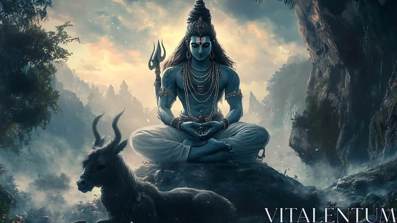 Blue-skinned ascetic meditates on rocky ledge in misty gorge