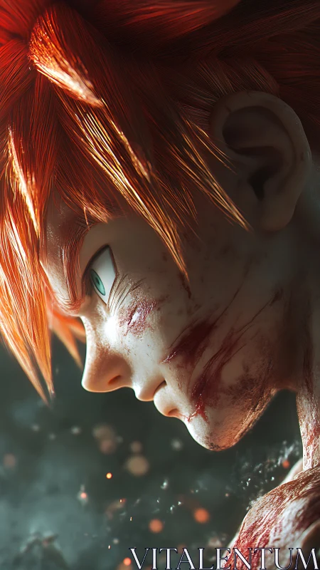 Battle-scarred anime warrior in fiery cinematic profile.