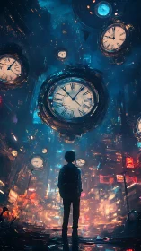 Clocks drift like planets as a lone traveler rewrites time