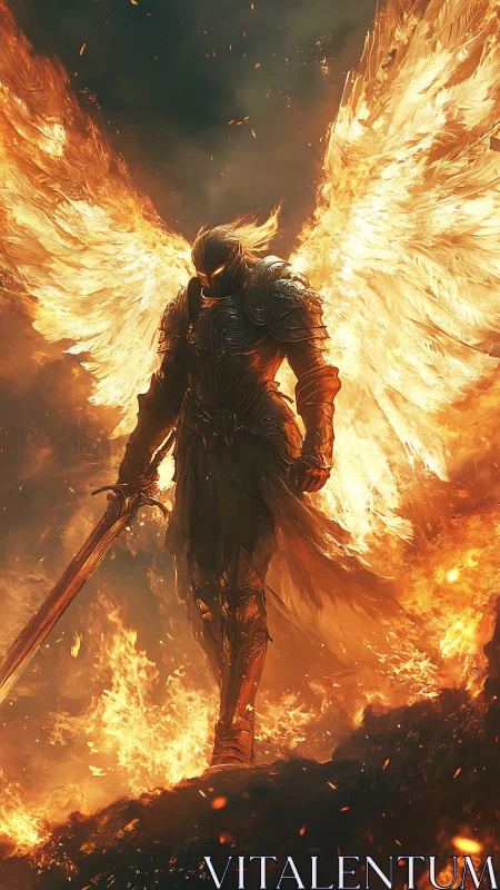 Flaming angelic warrior descends through a storm of fire